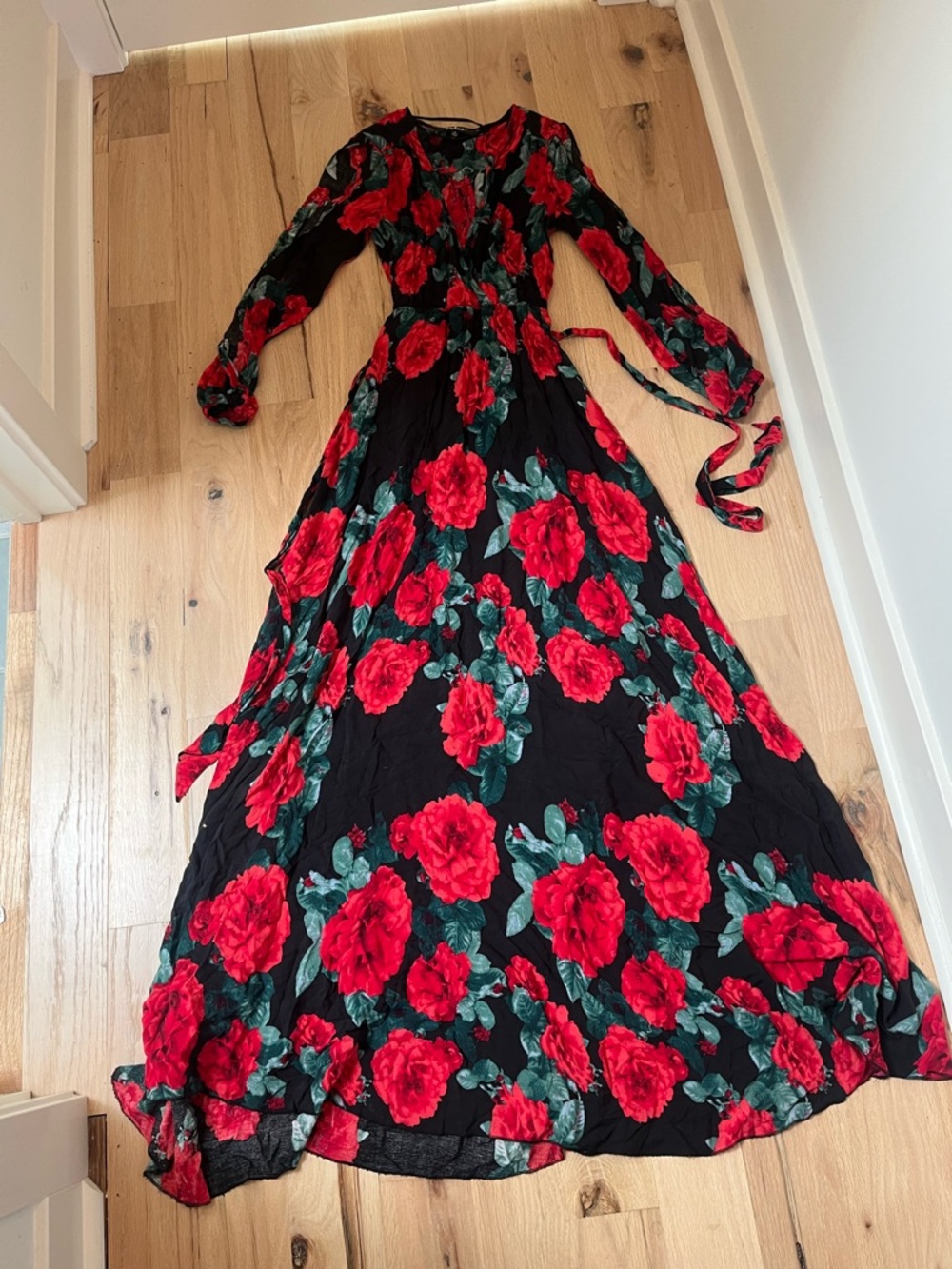 Lulu's Black Maxi Dress with Red Rose Print